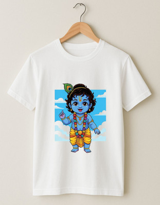 Kid's Yuga Boys Printed Cotton Blend Regular T Shirt(White, Pack of 1)