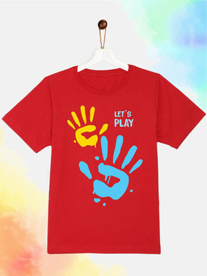 Yk Boys & Girls Printed Cotton Blend Regular T Shirt(Red, Pack of 1)
