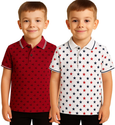 EyeWater Boys Printed Cotton Blend Regular T Shirt(White, Pack of 2)