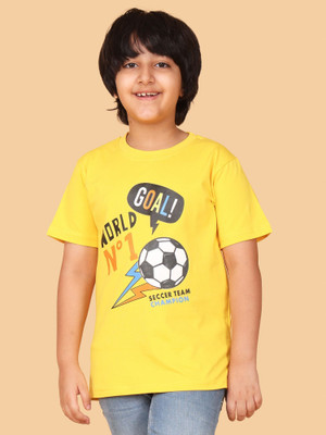 BUTRU Boys Printed Cotton Blend Regular T Shirt(Yellow, Pack of 1)