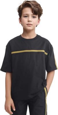 Rare Ones Boys Striped Polyester Oversized T Shirt(Black, Pack of 1)