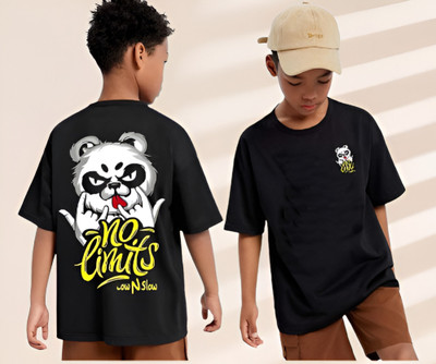 Show In Style Boys Printed Pure Cotton Oversized T Shirt(Black, Pack of 1)