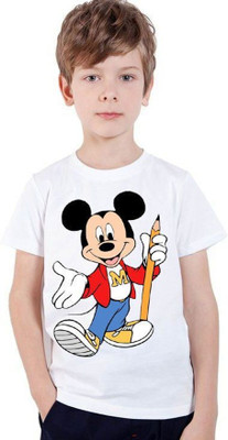 KPPRINT Boys Printed Cotton Blend Regular T Shirt(White, Pack of 1)