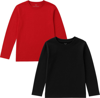 doodleberry Girls Solid Cotton Blend Regular T Shirt(Black, Red, Pack of 2)