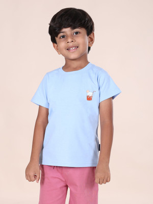 Kiddo Paanti Boys Printed Pure Cotton Regular T Shirt(Blue, Pack of 1)