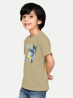 radprix Boys Typography, Printed Pure Cotton T Shirt(Beige, Pack of 1)