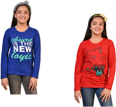 KAYU Girls Printed Pure Cotton Regular T Shirt(Multicolor, Pack of 2)