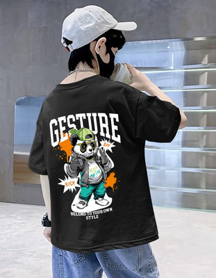 Heartees Boys Printed Pure Cotton Oversized T Shirt(Black, Pack of 1)