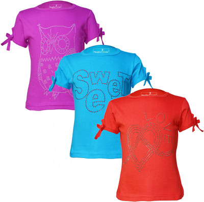 Just Live Fashionn Girls Solid, Polka Print, Printed Pure Cotton Regular T Shirt(Multicolor, Pack of 3)