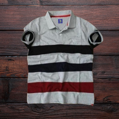 TB Blue Boys Striped Cotton Blend Slim T Shirt(Grey, Pack of 1)