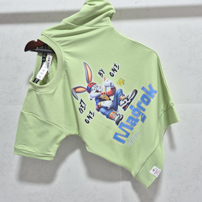 Caprio Fashion Boys & Girls Cartoon Cotton Blend Regular T Shirt(Light Green, Pack of 1)