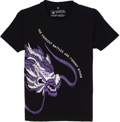 Status Quo Boys Printed Elastane, Cotton Blend Regular T Shirt(Black, Pack of 1)