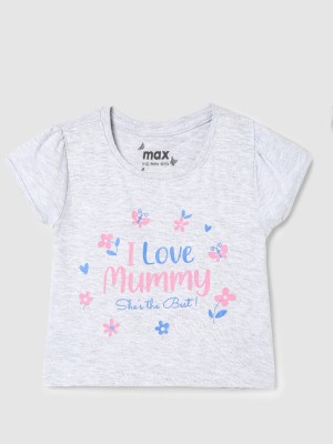 MAX Baby Girls Typography, Floral Print Pure Cotton T Shirt(White, Pack of 1)