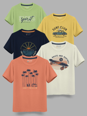 Hellcat Boys Printed Cotton Blend Regular T Shirt(Orange, Pack of 5)