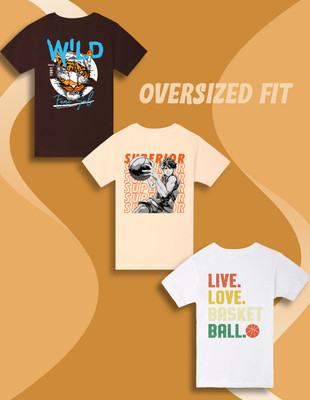 Nusyl Boys Graphic Print Cotton Blend Oversized T Shirt(Multicolor, Pack of 3)