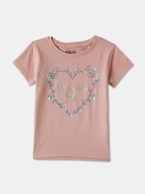 R&B Girls Graphic Print Pure Cotton Regular T Shirt(Pink, Pack of 1)