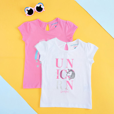 Pantaloons Junior Girls Printed Cotton Blend Regular T Shirt(Multicolor, Pack of 2)