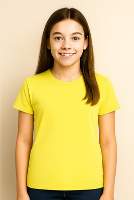 CLAEL Girls Solid Polyester Regular T Shirt(Yellow, Pack of 1)