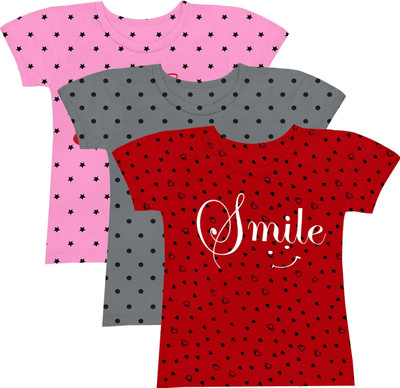 EyeWater Girls Printed Cotton Blend Regular T Shirt(Multicolor, Pack of 3)