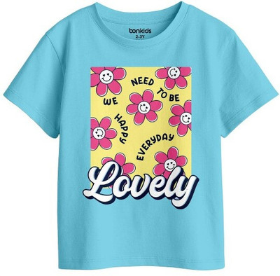 BONKIDS Girls Printed Pure Cotton Regular T Shirt(Blue, Pack of 1)