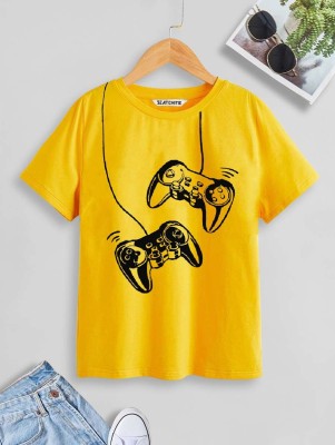 SCATCHITE Boys Printed Pure Cotton Regular T Shirt(Yellow, Pack of 1)