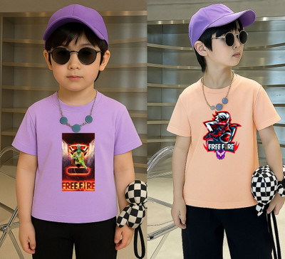 Lecowar Boys Printed Polyester Regular T Shirt(Purple, Orange, Pack of 2)