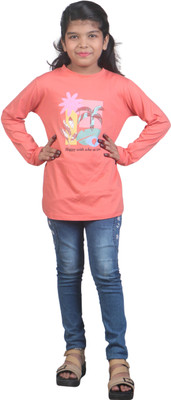 Hubkick Boys & Girls Printed Cotton Blend Regular T Shirt(Orange, Pack of 1)