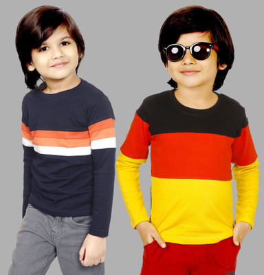 Mojua Boys Colorblock Cotton Blend Regular T Shirt(Red, Pack of 2)