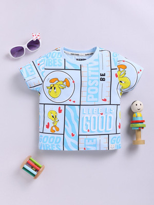 Happy Faces Baby Girls Cartoon Pure Cotton Regular T Shirt(Blue, Pack of 1)