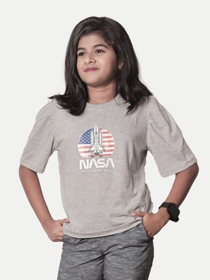 radprix Girls Typography, Printed Pure Cotton Regular T Shirt(Grey, Pack of 1)