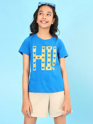 BONKIDS Girls Printed Pure Cotton Regular T Shirt(Blue, Pack of 1)