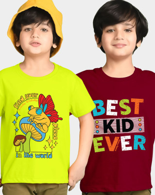 AOOSH Boys Printed Cotton Blend Regular T Shirt(Maroon, Light Green, Pack of 2)