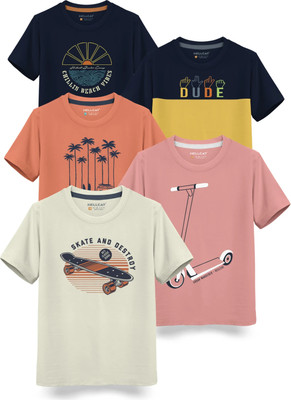 Hellcat Boys Printed Cotton Blend Regular T Shirt(Multicolor, Pack of 5)