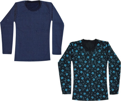 KAVYA Girls Printed Wool Blend Regular T Shirt(Multicolor, Pack of 2)