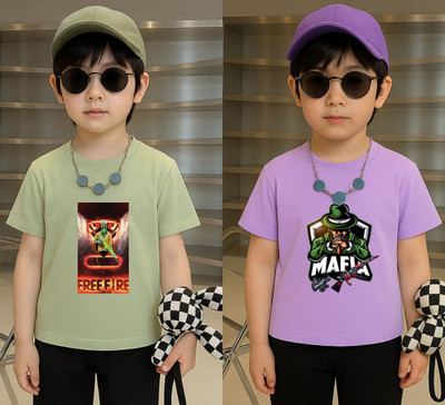 Lecowar Boys Graphic Print Polyester Regular T Shirt(Green, Purple, Pack of 2)