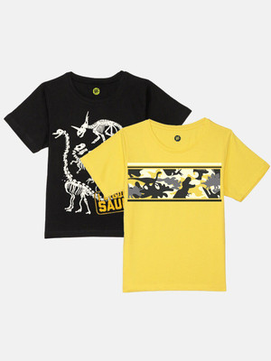 WYM TREND Boys Printed Cotton Blend Regular T Shirt(Black, Pack of 2)