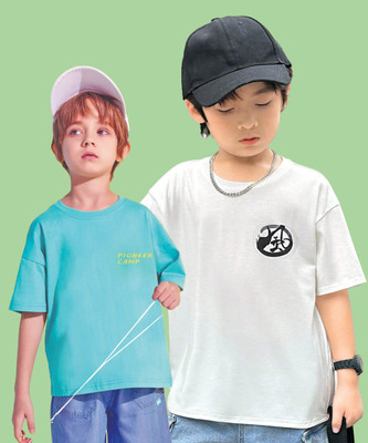 QUIN FLETCHER Boys Printed Pure Cotton Oversized T Shirt(Multicolor, Pack of 2)