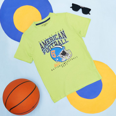 Pantaloons Junior Boys Typography, Printed Pure Cotton Regular T Shirt(Green, Pack of 1)