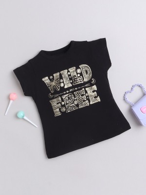 Yellow Apple Baby Girls Typography Cotton Blend Regular T Shirt(Black, Pack of 1)