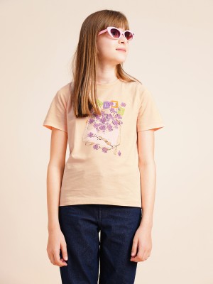 VERO MODA Girls Floral Print Cotton Blend Regular T Shirt(Pink, Pack of 1)