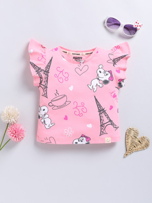 Happy Faces Girls Graphic Print Pure Cotton Regular T Shirt(Pink, Pack of 1)