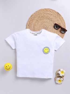 Happy Faces Boys Printed Pure Cotton Regular T Shirt(White, Pack of 1)