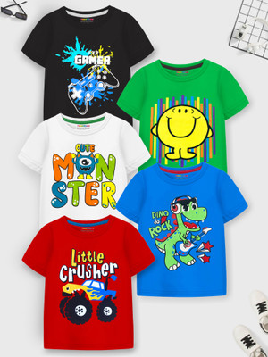 Trampoline Boys Printed Cotton Blend Regular T Shirt(Multicolor, Pack of 5)