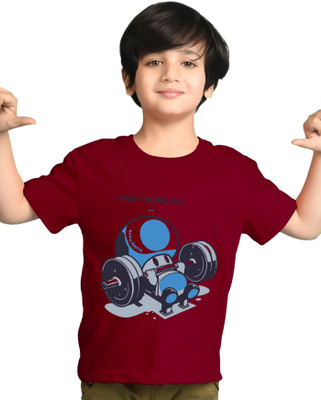 ENITOR Boys Printed Cotton Blend Regular T Shirt(Maroon, Pack of 1)