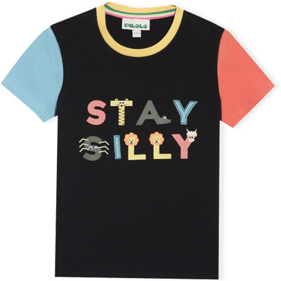 pilolo Boys & Girls Printed Pure Cotton Regular T Shirt(Black, Pack of 1)