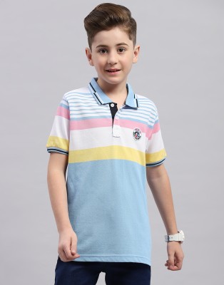 MONTE CARLO Boys Striped Pure Cotton Regular T Shirt(Blue, Pack of 1)