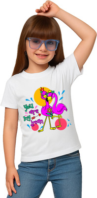 doodleberry Girls Graphic Print Cotton Blend Regular T Shirt(White, Pack of 1)