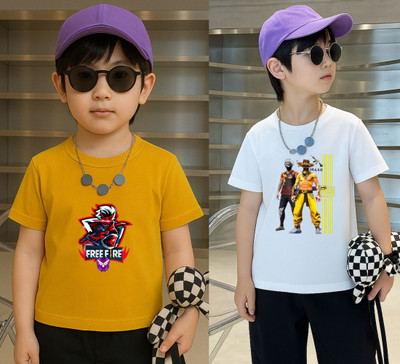 Lecowar Boys Printed Polyester Regular T Shirt(Yellow, White, Pack of 2)