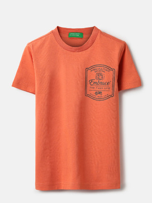 United Colors of Benetton Boys Printed Pure Cotton Regular T Shirt(Brown, Pack of 1)