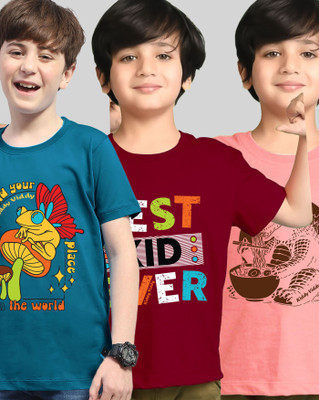 AUSK Boys Typography Cotton Blend Regular T Shirt(Maroon, Dark Blue, Pack of 3)